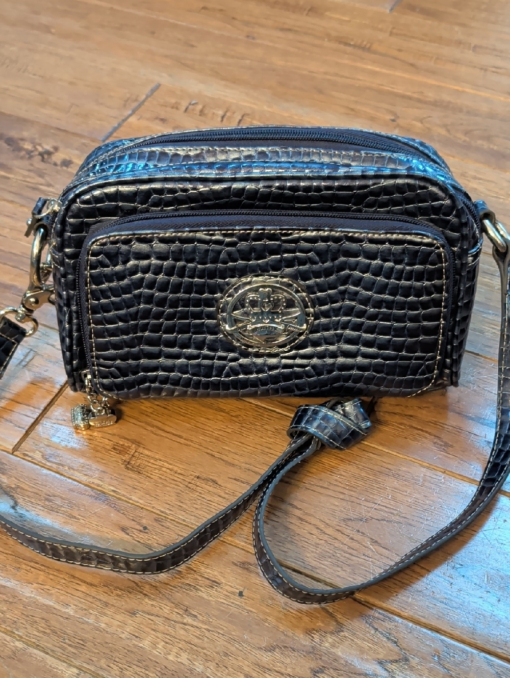 Kathy Van Zeeland Dark Purple Croc-Embossed Crossbody Bag with Silver Accent